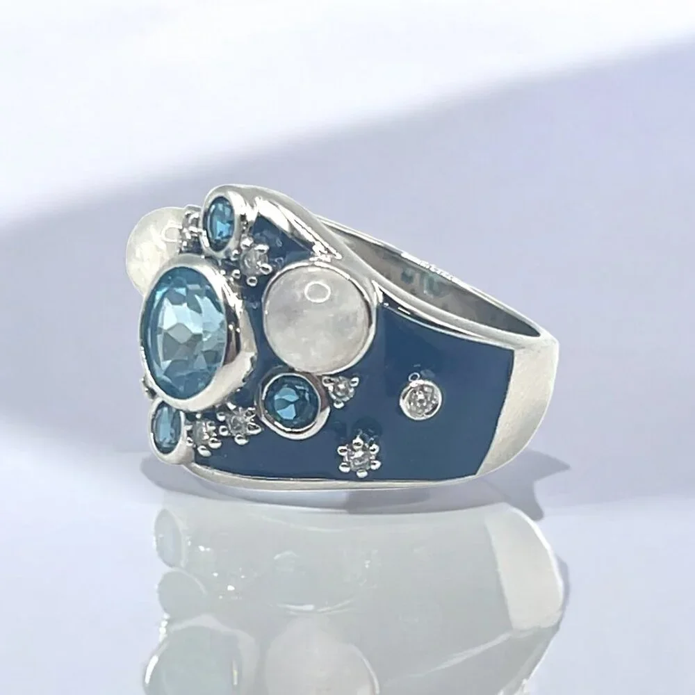Blue Topaz and Moonstone Blue Enamel Ring in 925 Sterling Silver - Picture 2 of 3